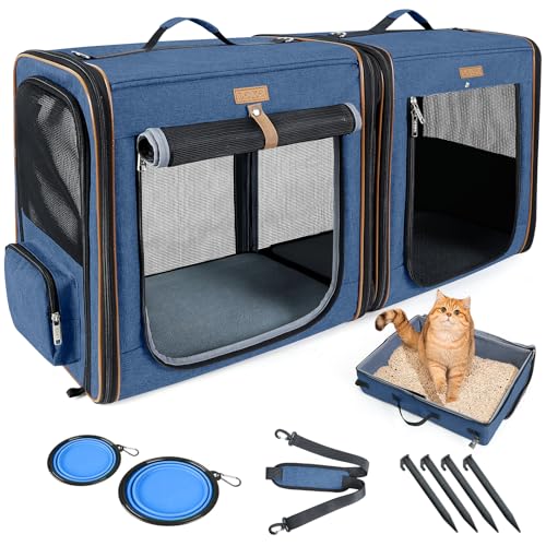 Lekereise Large Cat Carrier for 2 Cats, 2-in-1 Cat Travel Carrier with Litter Box, (17.7" x2) x16.5"x13" Pet Carrier with Zipper Locks for Moving Across The Country (No Hammock) - Blue - color: Blue, size: 35.4"L x 13"W x 16.5"H