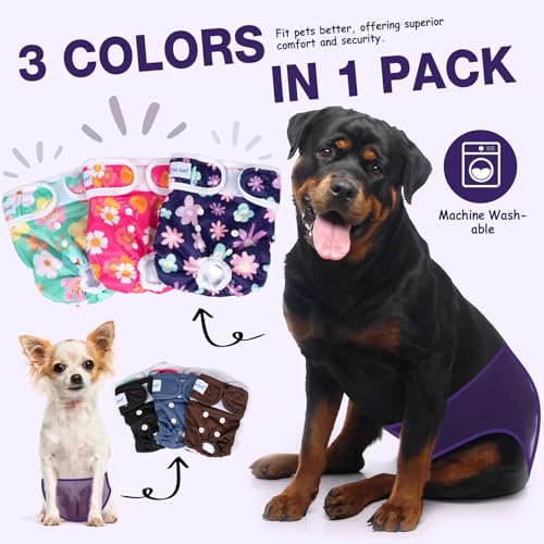 Pet Soft Washable Female Diapers (3 Pack) Female Dog Diapers, Comfort Reusable Doggy Diapers for Girl Dog in Period Heat (Bloom, M) - size: Medium:14''-19''