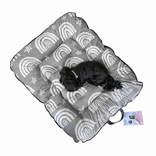Woombie PortaPet, Portable Lazy Dog Lounger Bed in A Bag, Travel Pet Bed with Easy Carry Handles, Zips Shut to Carry Toys and Treats, Gray Rainbow, Large - size: Large