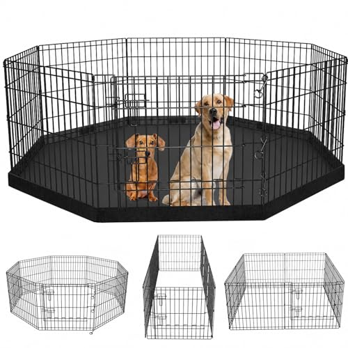 PETIME Foldable Metal Dog Exercise Pen/Pet Puppy Playpen Kennels Yard Fence Indoor/Outdoor 8 Panel 24" W x 36" H with Bottom Pad - color: Black, size: 36''H