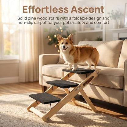 2-in-1 Dog Stairs Ramp – Foldable Pet Steps for Small Dogs | Collapsible Wooden Pet Ramp, 4 Adjustable Heights, Non-Slip High Traction Fabric Surface, Portable Solid Pine Wood Steps - size: X Trumpet