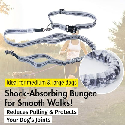 Hands Free Dog Leash with Waist Belt Lifetime Replacement, Dual Handle Bungee Leash for Running, Jogging, Hiking and Walking, for Medium and Large Dogs 5318 - color: Grey