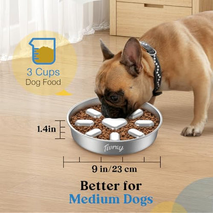 Slow Feeder Dog Bowls, 304 Stainless Steel Slow Feed Pet Bowl with Non-Slip Base for Medium Breed Dogs to Stop Bloat Prevent Choking, Dishwasher Safe, Silver - color: Silver, size: 3 Cups