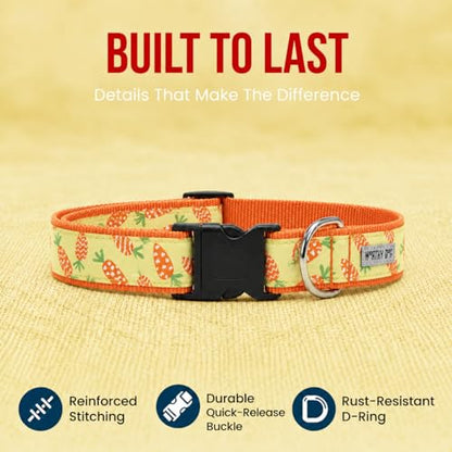 THE WORTHY DOG Spring Holiday Crazy Carrots Dog Collar – Durable Nylon, Woven Ribbon, Quick-Release Buckle, Nickel D-Ring – Green, Medium - color: Crazy Carrots - Green, size: Medium