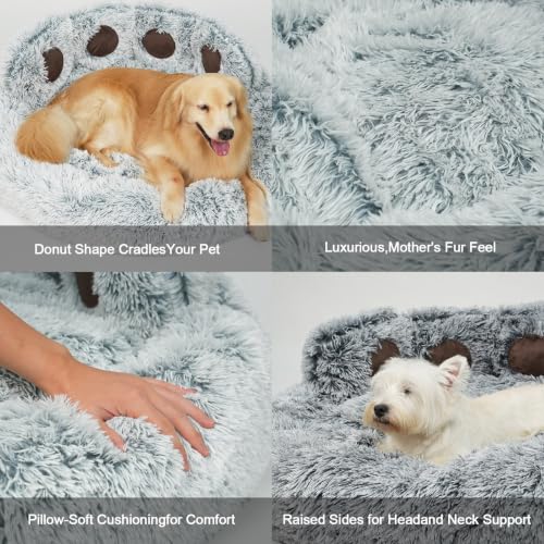 Round Plush Calming Donut Dog & Cat Bed | Calming Design, Donut Shape - color: Light Grey, size: Medium