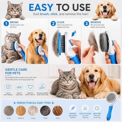 Pet Grooming Deshedding Brush, Self-Cleaning Massaging Brush for Dogs and Cats, Short and Long Hair (Blue) - color: Blue