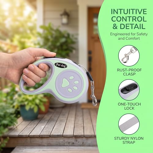 Retractable Dog Leash for Small Medium Dogs One-Click Brake & Lock Anti-Slip Ergonomic Handle 360° Tangle-Free Zinc Alloy Hook Durable ABS Casing-9.84feet Green - color: Green, size: 1