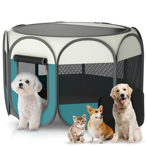 Portable Pet Playpen for Cat Dog - Foldable Large Pet Play Pen with Removable Zipper Top for Cat Small Dog Enclosed - Pop Up Puppy Kitten Kennel with Carrying Case for Indoor Outdoor Travel Camping - style: L [44.9" × 44.9" × 22.8"]