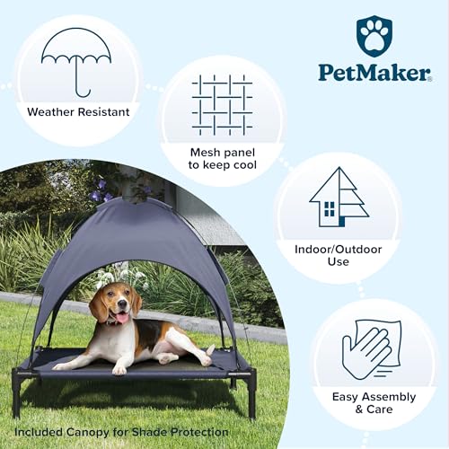 Elevated Dog Bed with Canopy - 30x24-Inch Portable Pet Bed with Non-Slip Feet - Indoor/Outdoor Dog Cot with Carrying Case by PETMAKER (Blue)