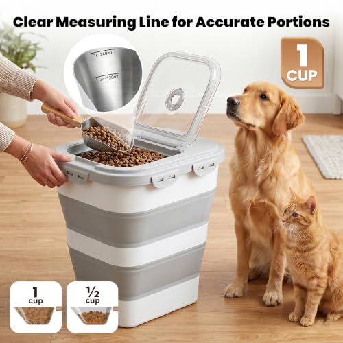 Dog Food Scoop 1 Cup with Clear Measurement Lines, Food Measuring Cup with Long Wooden Handle, 304 Stainless Steel Pet Food Scoop for Dog Cat Food, Coffee, Flour