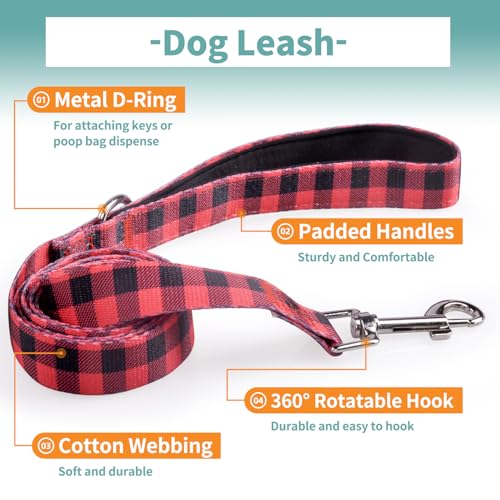 IVY&LANE Dog Collar with Bowtie and Leash Set | Plaid Adjustable Dog Collar | Detachable Bow Tie |5 FT Dog Leash | for Small Medium Large Dogs | Checkered Red | Small - color: Checkered Red, size: S