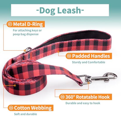 IVY&LANE Dog Collar with Bowtie and Leash Set | Plaid Adjustable Dog Collar | Detachable Bow Tie |5 FT Dog Leash | for Small Medium Large Dogs | Checkered Red | Small - color: Checkered Red, size: S
