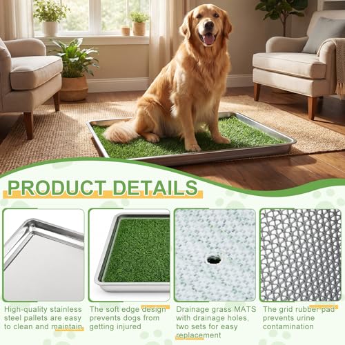 Mifoci 4 Pcs Dog Pee Tray, 31.5" x 19.6" Stainless Steel Dog Toilet, Comes with 2 Grass Mats and 1 Drainage Mat - Durable, Rust-Proof, Easy to Clean Toilet for Large Indoor Outdoor Use