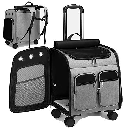 Wheeled Pet Carrier Backpack Pet Stroller, Travel Carrier, Car Seat for Small Dogs Cats Puppies, Comfort Cat Backpack Removable Rolling Wheels – Mesh Ventilation Windows (Large Grey) - color: Large Grey