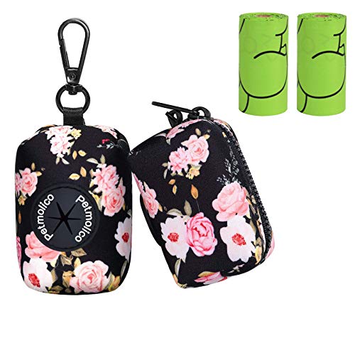 Petmolico Dog Poop Bag Holder Leash Attachment, Waste Bag Dispenser Zippered Pouch, Fits Any Leash, Includes Free Roll of Bags, 2 Packs - Pink Rose - color: Black with Pink Rose