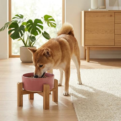 hjn Elevated Ceramic Dog Bowl with Bamboo Stand, Raised Pet Feeding Station for Small Medium Dogs Cats, Modern Design with Anti-Slip Base (Deep Pink, 3.6Cup) - color: Deep Pink, size: 3.6Cup