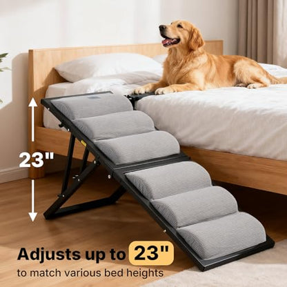 Veehoo Dog Ramp for Bed Couch Height Adjustable from 17" to 23", Foldable Stairs for Dogs to Get on Bed 17" Extra Wide, Portable Pet Doggie Steps Indoor with Non Slip Pad, Support up to 150 lbs - size: 48"L x 17"W x 23"H
