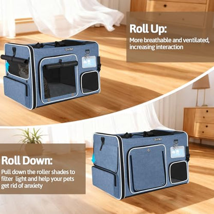 Petskd Side Expandable Extra Large Cat Car Carrier with Collapsible Litter Box for Long Distance Travel,24"x17"x17" Portable Soft Sided Pet Carrier with Roller Shades for 2 Cats Up to 55LBS(Blue) - color: blue