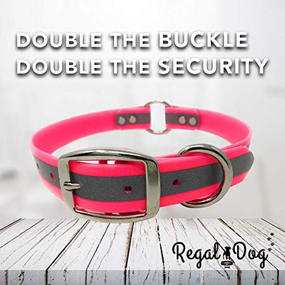 Regal Dog Products Large Pink Reflective Dog Collar with Custom Engraved Name Plate and Heavy Duty Center Ring | Waterproof Biothane Personalized Dog Collars - Other Sizes for Small & Medium Dogs - color: Pink, size: Large