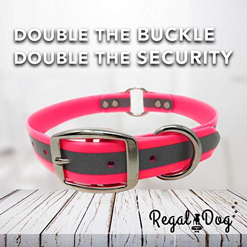Regal Dog Products Small Pink Reflective Dog Collar with Custom Engraved Name Plate and Heavy Duty Center Ring | Waterproof Biothane Personalized Dog Collars - Other Sizes for Medium & Large Dogs - color: Pink, size: Small