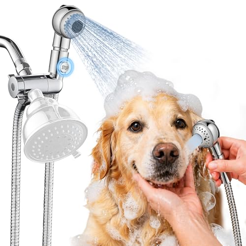 Quiet Dog Shower Attachment with One-Button Pause, 2-Mode Mini Pet Shower Head for Nervous Dog Bath& Dog Head, 98'' Long Hose, Palm-Size Design, Gentle Water Flow Perfect for Cat, Fits Shower Arm Only