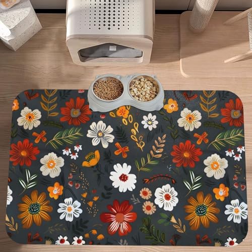 Flower Berries Dog Food Mat Absorbent Bowl Mats No Stains Quick Dry Waterproof Pet Cat Placemats for Food and Water, 30x45cm - color: Flower Berries