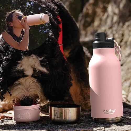 asobu Dog Barky Bottle - 음식, 간식 및 물을 위한 탈착식 강아지 그릇 2개가 있는 단열 스테인리스 스틸 물병 - 하이킹, 도로 여행 및 야외 모험을 위한 반려동물 친화적인 여행용 병 - color: 핑크