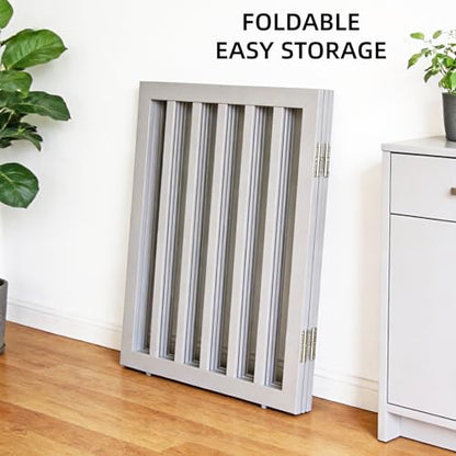 ZJSF Freestanding Indoor Dog Gate for House Foldable Wood Puppy Gate for Doorways Pet Gate for Stairs Extra Wide Pet Fence, Grey, 24" Height 6 Panels