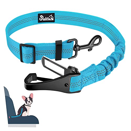 SlowTon Dog Seat Belt, Adjustable Dog Safety Belt Leash, 2 in 1 Latch Bar Attachment Dogs Car Seatbelt with Elastic Nylon Bungee Buffer, Reflective Nylon Belt Tether Connect to Dog Harness (Blue) - color: Blue