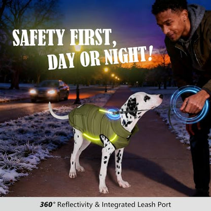Dog Winter Puffer Jacket Waterproof, Reflective Furry Fleece Lined Dog Coats for Small Medium Dogs, Warm Snow Coat, Insulated Cold Weather Dogs Vest Jackets with Leash Hole, Olive - color: Olive, size: XL: 20–25 lbs
