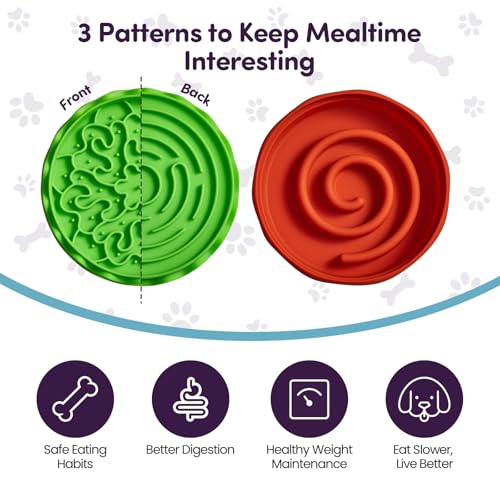 Slow Feeder Small Dog Bowl – 2 Patterns Reversible Lick Mat & 1 Spiral Slow Feeder - Hamburger Style | Non-Slip, Dishwasher Safe & Easy to Clean