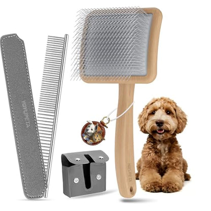 Large Slicker Brush, 2PCS Doodle Grooming Kit with Comb, Natural | With two leather protective covers; ideal for Poodles, Labradoodles; extra long pin; premium wooden handle; removes mats. - color: Natural