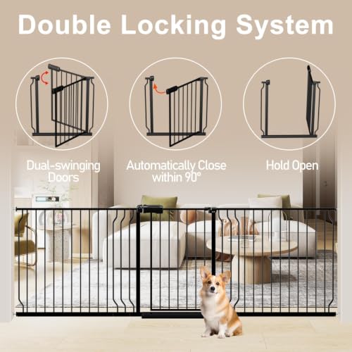 WAOWAO Baby Gate 134-158cm(53-62인치) 엑스트라 와이드 압력 장착 워크 스루 스윙 자동 닫힘 안전 블랙 메탈 유아 어린이 개 애완동물 강아지 계단, 출입구, 주방용 - color: 블랙., size: 52.8-61.8"/134.11-156.97cm