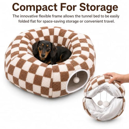 SnugTail Dachshund Tunnel Bed, Brown Checks Design Plush Foldable Dog Cave Bed for Anti-Anxiety, Washable Covered Bed for Miniature Dachshunds, Puppies, Cats, Self-Warming Mat