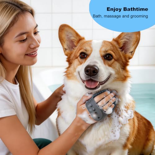 2PCS Dog Washing Gloves and Dog Bath Brush, Pet Shower Mitt with 3000 Soft Rubber Bristles, Adjustable Handle Scrubber for Bath, Massage and Grooming - color: Grey