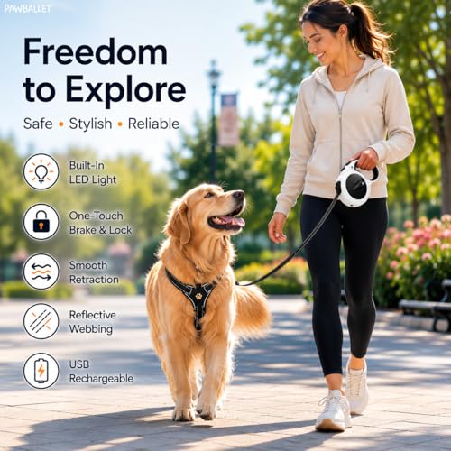 Paw Ballet Retractable Dog Leash with USB Rechargeable LED Light, Reflective Tape, One-Button Brake & Lock, Smooth Retraction System, Comfortable Non-Slip Handle for Small and Medium Dogs