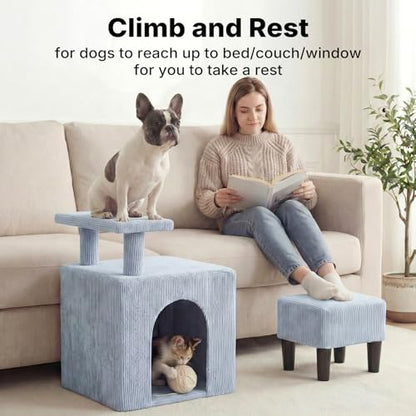 Veehoo 3 in 1 Dog Cat Stairs for Bed Couch, Small Steps Non Slip for Older Dogs Cats to Get on Bed Portable with Cave Condo and Cushioned Foot Stool, Pet Steps Cat Ramps Indoor for Senior Cats Dogs