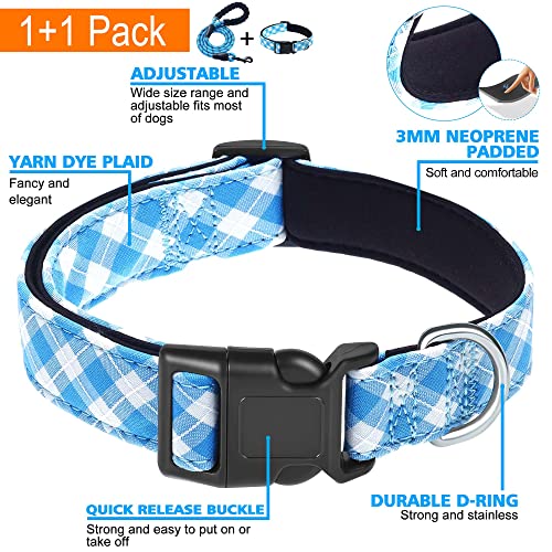 Ladoogo Reflective Dog Collar Padded with Soft Neoprene Breathable Adjustable Nylon Dog Collars for Small Medium Large Dogs (X-Small (Pack of 1), Vivid Blue Plaid Collar+Leash) - color: Vivid Blue Plaid Collar+Leash, size: X-Small (Pack of 1)