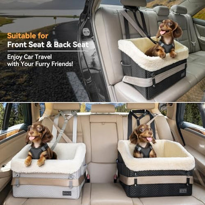 PETSFIT Small Dog Car Seat, Waterproof PU Leather Dog Booster Car Seat with Patented Safe Buckles, Detachable Washable Cushion, 2 Storage Pockets, Dog Car Seat Medium Sized Dog up to 30 lbs (Black) - color: Black