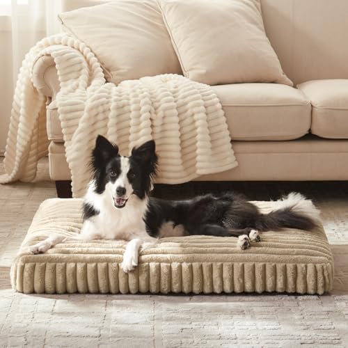 Dog Beds Large Sized Dog, Flat Pet Beds with Removable Washable Cover, Pet Mat Cute Pet Crate Bed Thick Shredded Chopped Crate Foam & Anti Slip Bottom for Indoor, 35"x23"x4" Beige - color: Beige, size: L(35"x23"x4")