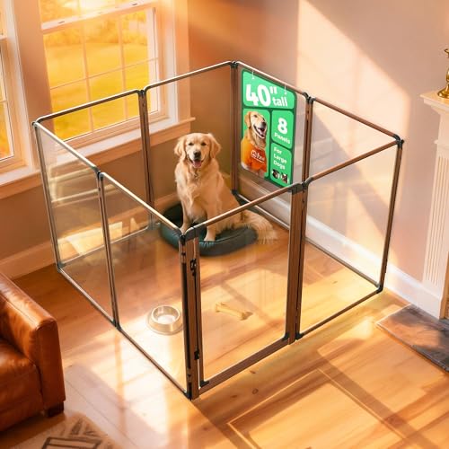 FXW AuraSpace Pro Acrylic Indoor Dog Playpen, Heavy-Duty with Metal Frame, 40" Height 8 Panels for Medium and Large Dogs, Walnut│Patented - color: Walnut, size: 40"H