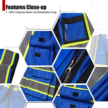 Reflective Safety Vest for Men Women Hi Vis Vest with 8 Pockets High Visibility Mesh Reflective Vest Meets ANSI/ISEA Standards (Blue-07, Large) - color: Blue, size: Large