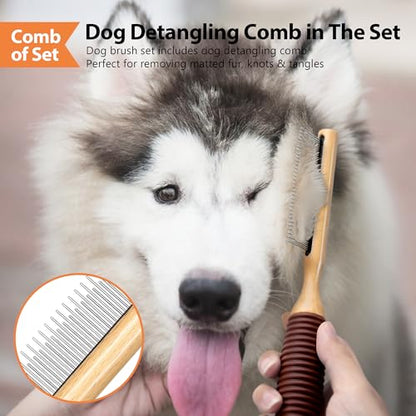 Dog Brush for Long Haired Dogs, 27mm Extra Long Metal Pin Dog Deshedding Brush and Comb Set, Short Haired Shedding Grooming Detail Pets Brush Set with Rubber Handle - color: Set-3 Pcs