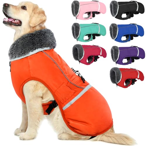 QBLEEV Warm Dog Coat Reflective Dog Jacket, Waterproof Dog Winter Coat Turtleneck Dog Clothes for Cold Weather, Thick Fleece Dog Snowsuit Christmas Dog Vest Pet Apparel for Small Medium Large Dogs S - color: Orange, size: Small