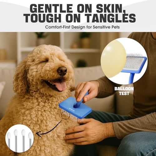 Bonteck Dog Slicker Brush for Dogs Grooming Kit 5PCS | Large Dog Brush for Goldendoodles Poodles Doodles | Long Pin Haired Brush | Poodle Brushes and Comb (Blue) - color: Blue