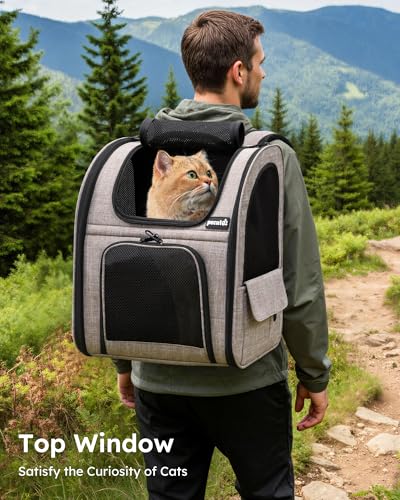pecute Cat Backpack Expandable, Cat Backpack for Cat with Breathable Window - color: Brown, size: 12.6"L x 10.2"W x 16.5"H