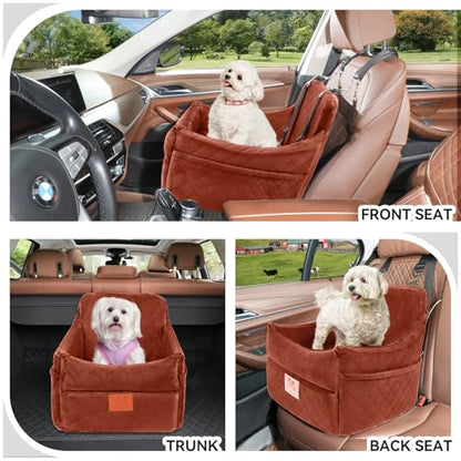 GL GLENSLAVE Dog Car Seat for Small/Medium Dogs, Dog Booster Car Seats with Thick Cushion for Dogs Under 35 lbs, Detachable Washable Pet Carseat with Storage Pockets, 2 Safety Belts(Brown) - color: Brown