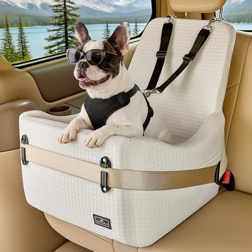 PETSFIT Dog Booster Car Seat for Small/Medium Dogs Up to 35 lbs – Patented Safety System, 5" Memory Foam Pet Car Seat, Fully Detachable and Washable Cover, Front/Back Seat Travel Booster (Beige) - color: Beige