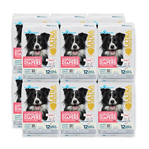 Paw Inspired Disposable Dog Diapers | Female Dog Diapers Ultra Protection | Diapers for Dogs in Heat, Excitable Urination, or Incontinence (12&144 Count) (Large (144 Count)) - size: Large (144 Count)