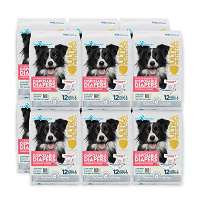 Paw Inspired Disposable Dog Diapers | Female Dog Diapers Ultra Protection | Diapers for Dogs in Heat, Excitable Urination, or Incontinence (12&144 Count) (Large (144 Count)) - size: Large (144 Count)